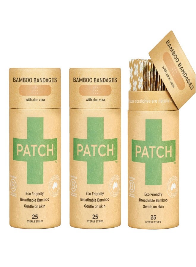 PATCH Eco-Friendly Bamboo Bandages for Burns & Blisters Hypoallergenic Wound Care for Sensitive Skin - Compostable & Biodegradable, Latex Free, Plastic Free, Zero Waste, Aloe Vera, 25ct(3pack) - Image 1